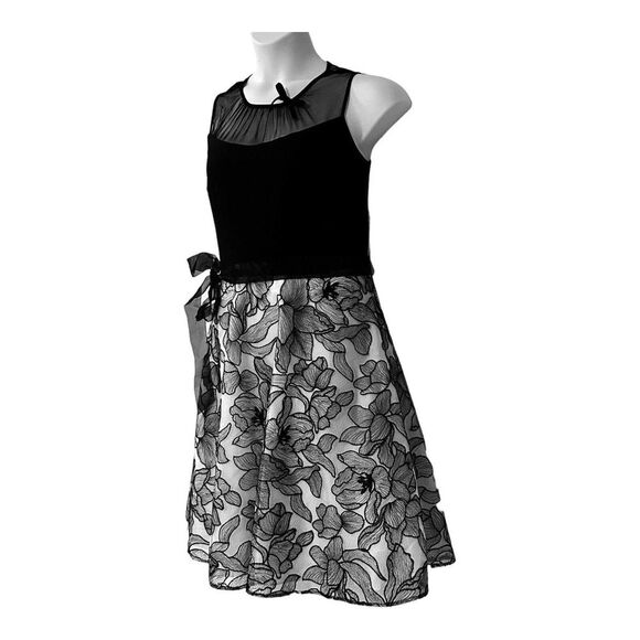 SLNY Mesh & Knit Black White Cocktail Party Guest Retro Knee Length Twofer Dress - Picture 4 of 12